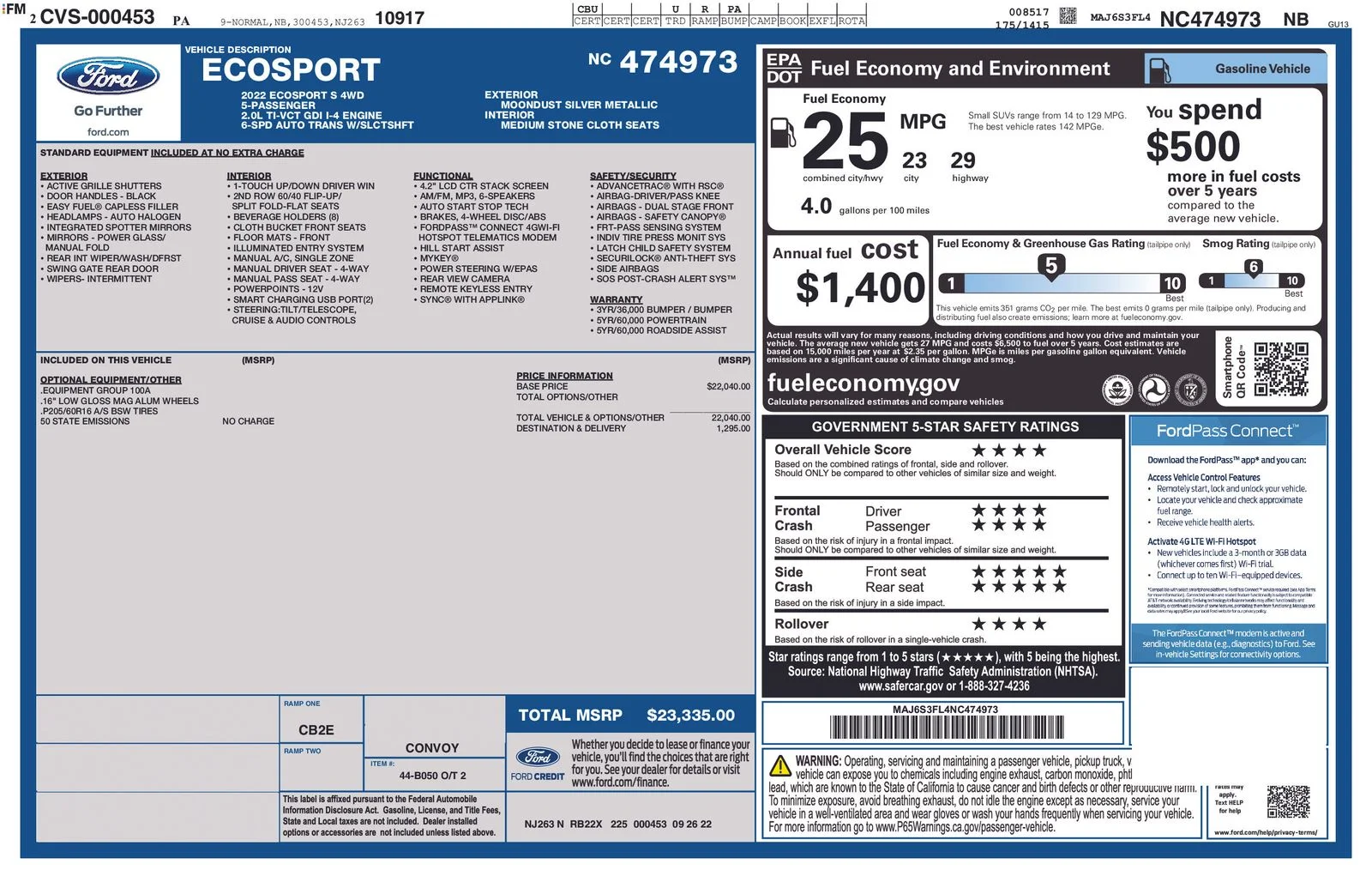 Used 2022 Ford EcoSport S with VIN MAJ6S3FL4NC474973 for sale in Columbiana, OH