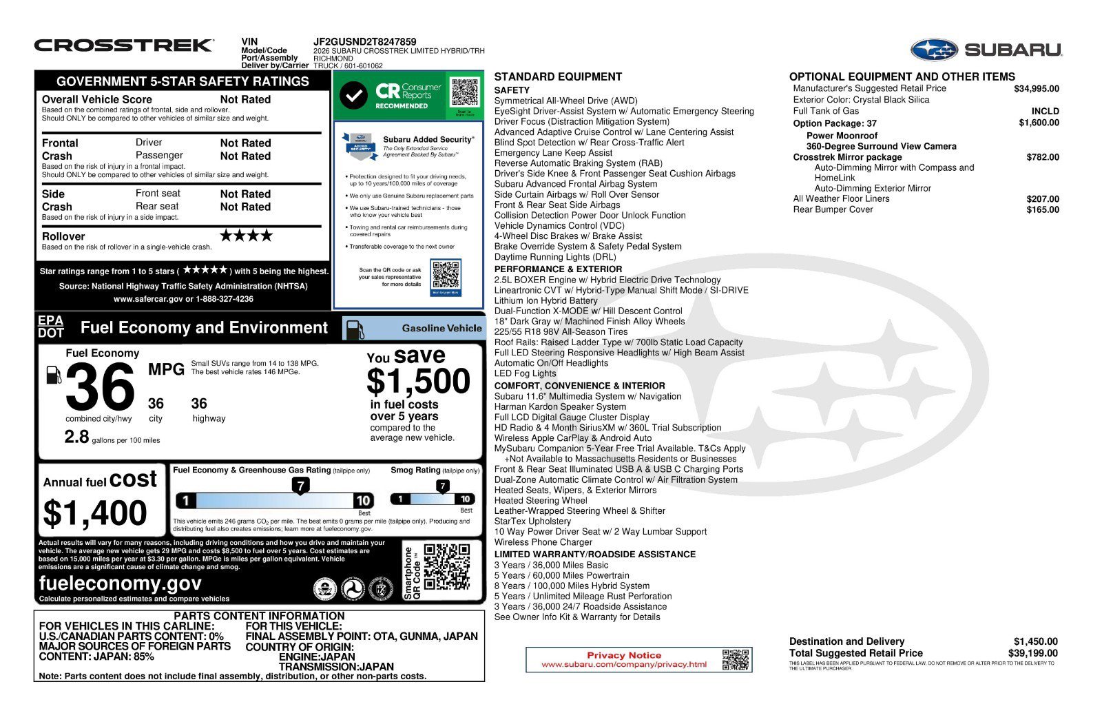 New 2026 CRYSTAL BLACK SILICA Subaru Limited Hybrid image 11