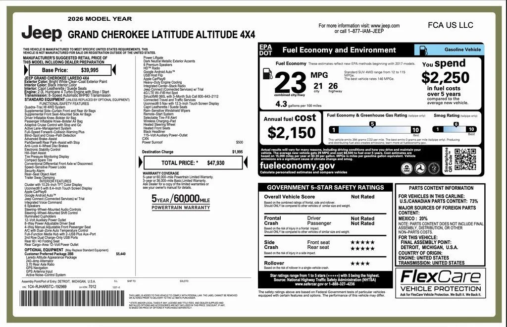 New 2026 Bright White Clear-Coat Exterior Paint Jeep Laredo Altitude image 2