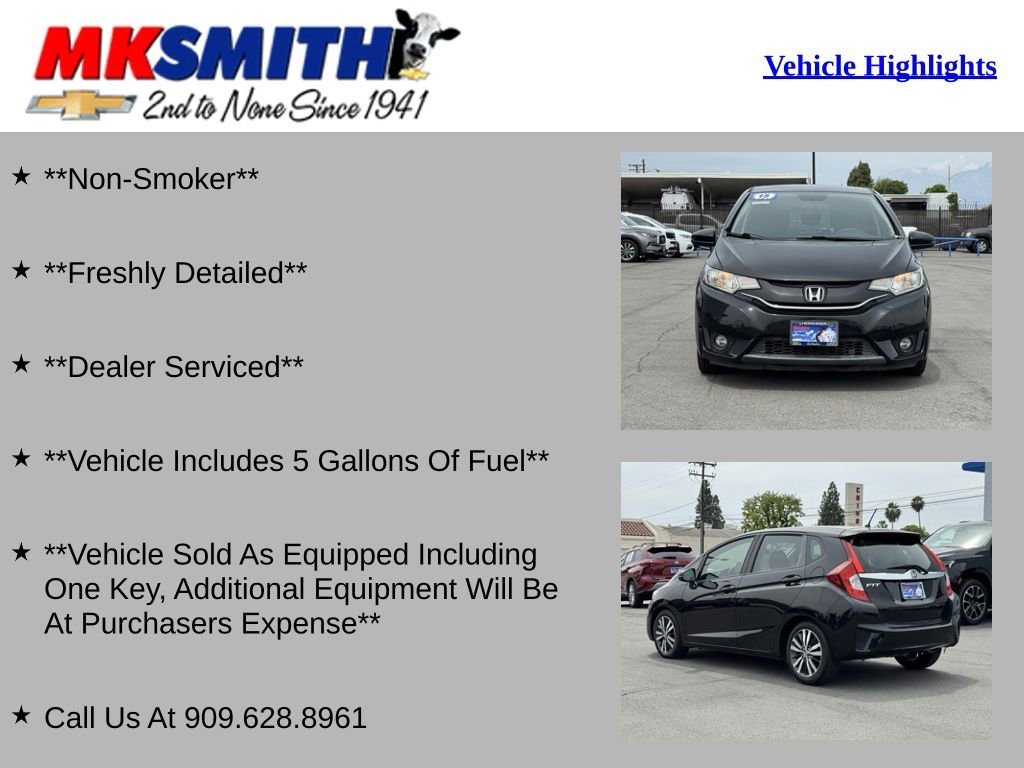 Used 2015 Honda Fit EX-L with VIN 3HGGK5H83FM779904 for sale in Chino, CA