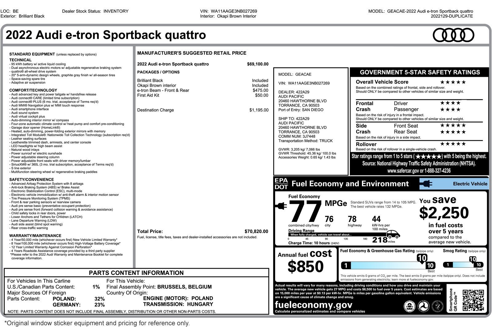 Used 2022 Audi e-tron Sportback Premium with VIN WA11AAGE3NB027269 for sale in Costa Mesa, CA