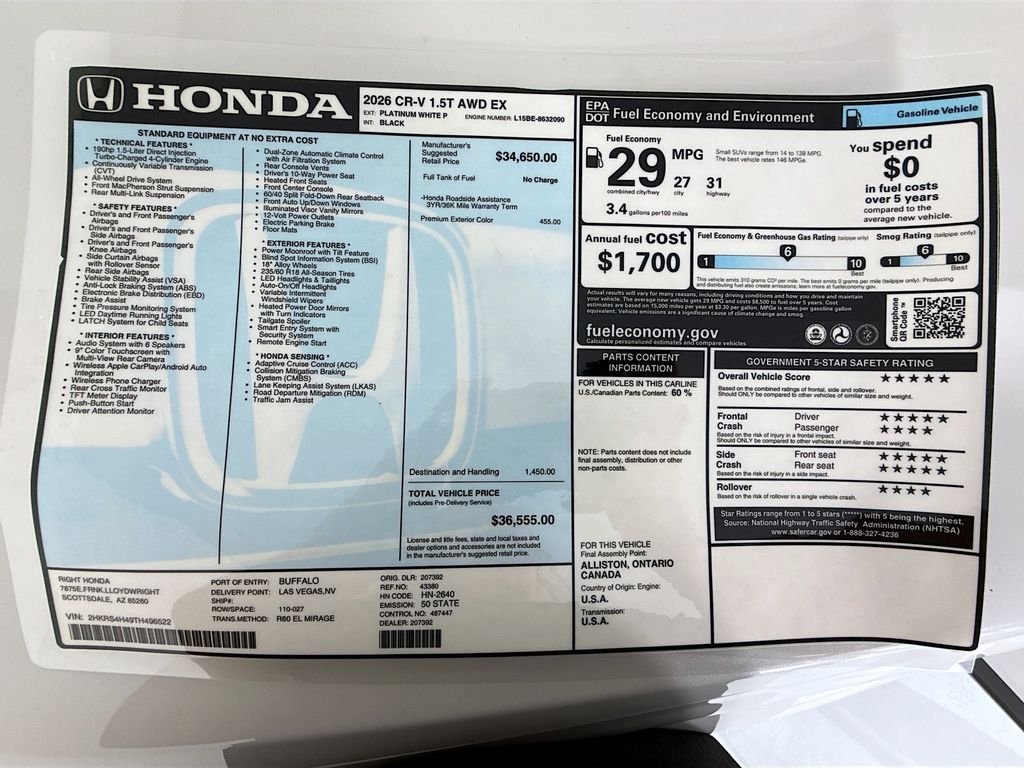 New 2026 Platinum White Pearl Honda EX image 9