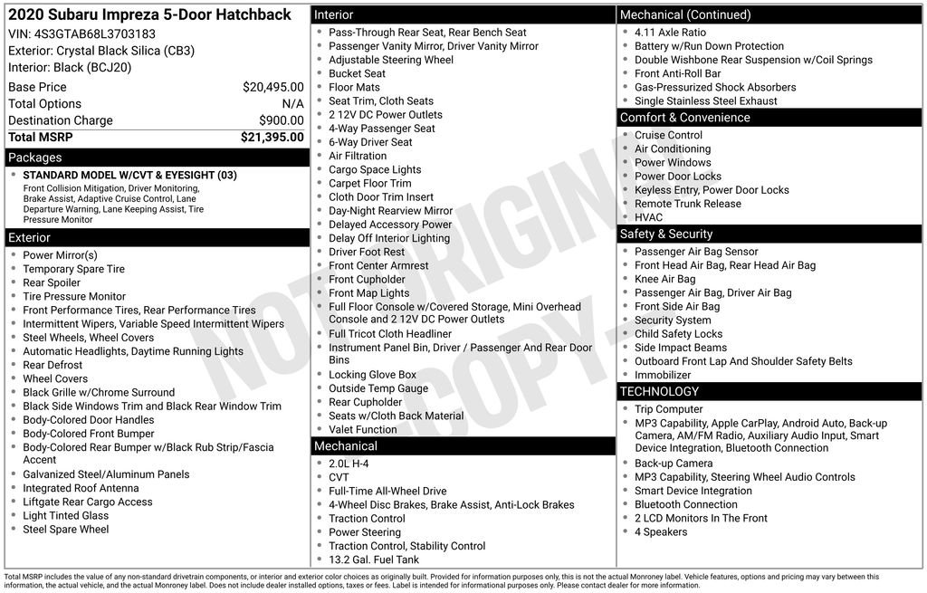 Used 2020 Black Subaru Base image 1