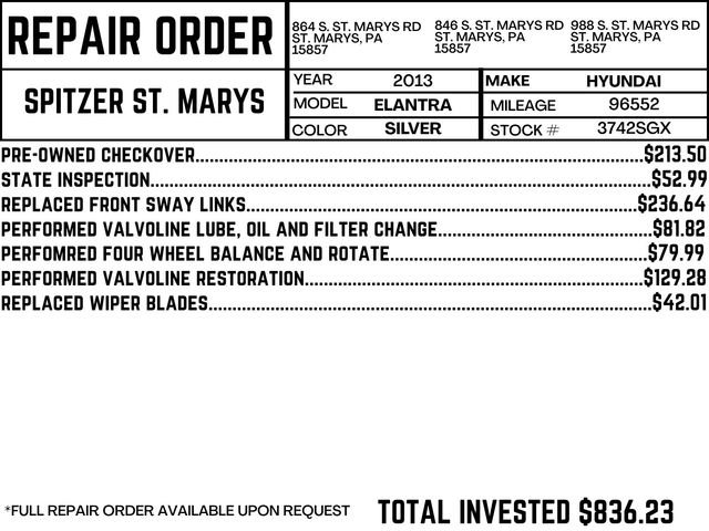 Used 2013 Hyundai Elantra GLS with VIN 5NPDH4AEXDH351860 for sale in Saint Marys, PA