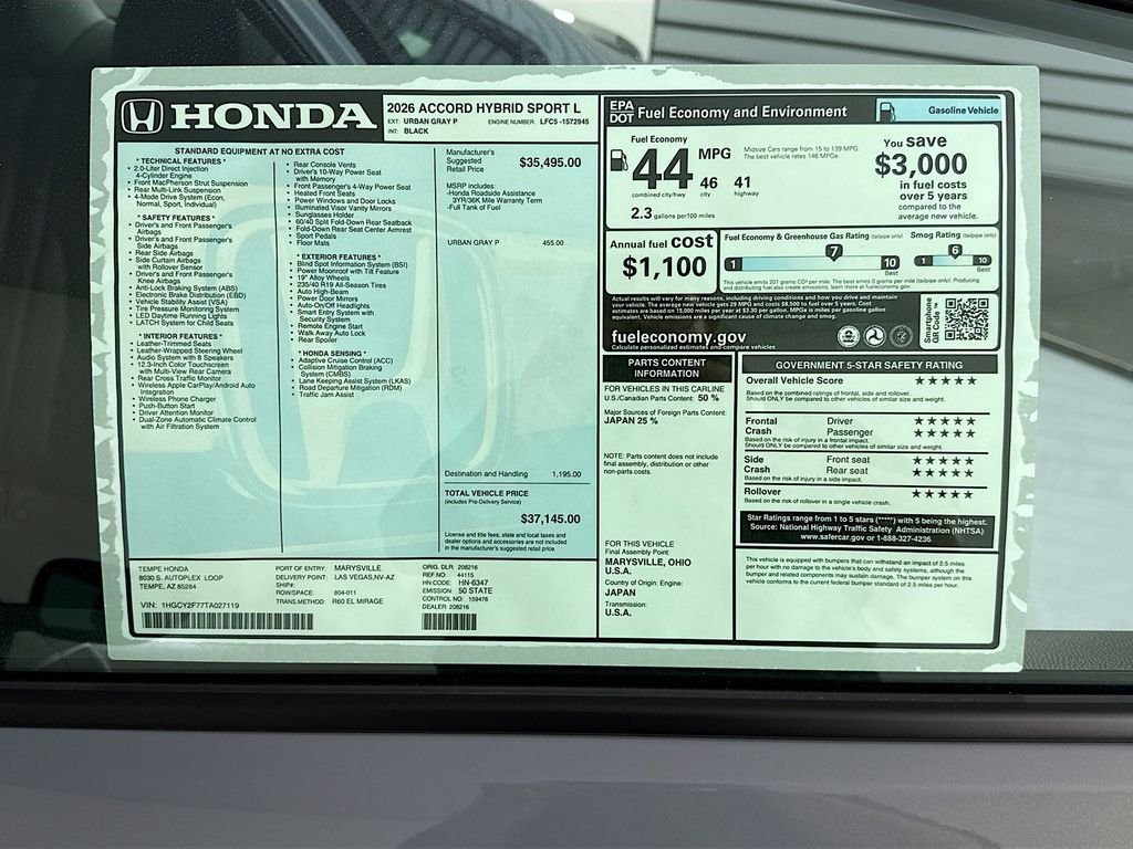 New 2026 Urban Gray Pearl Honda Sport-L image 9