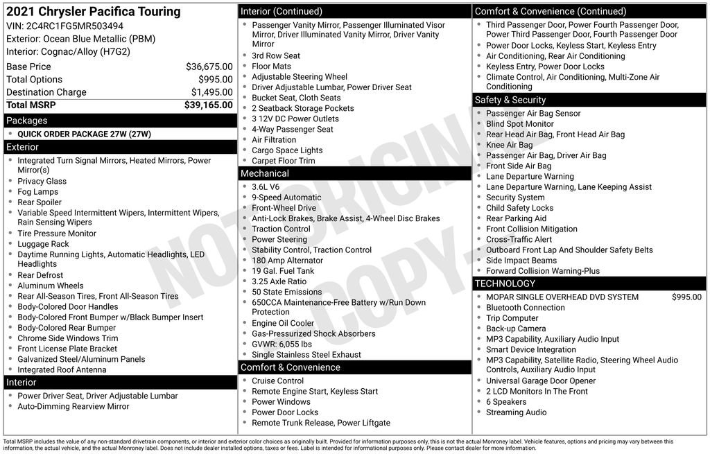 Used 2021 Ocean Blue Metallic Chrysler Touring image 2