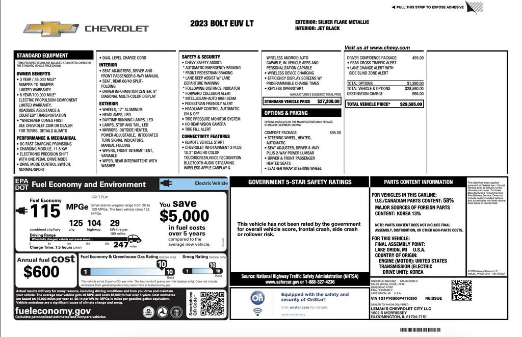 Certified 2023 Chevrolet Bolt EUV LT with VIN 1G1FY6S06P4110260 for sale in Chicago, IL