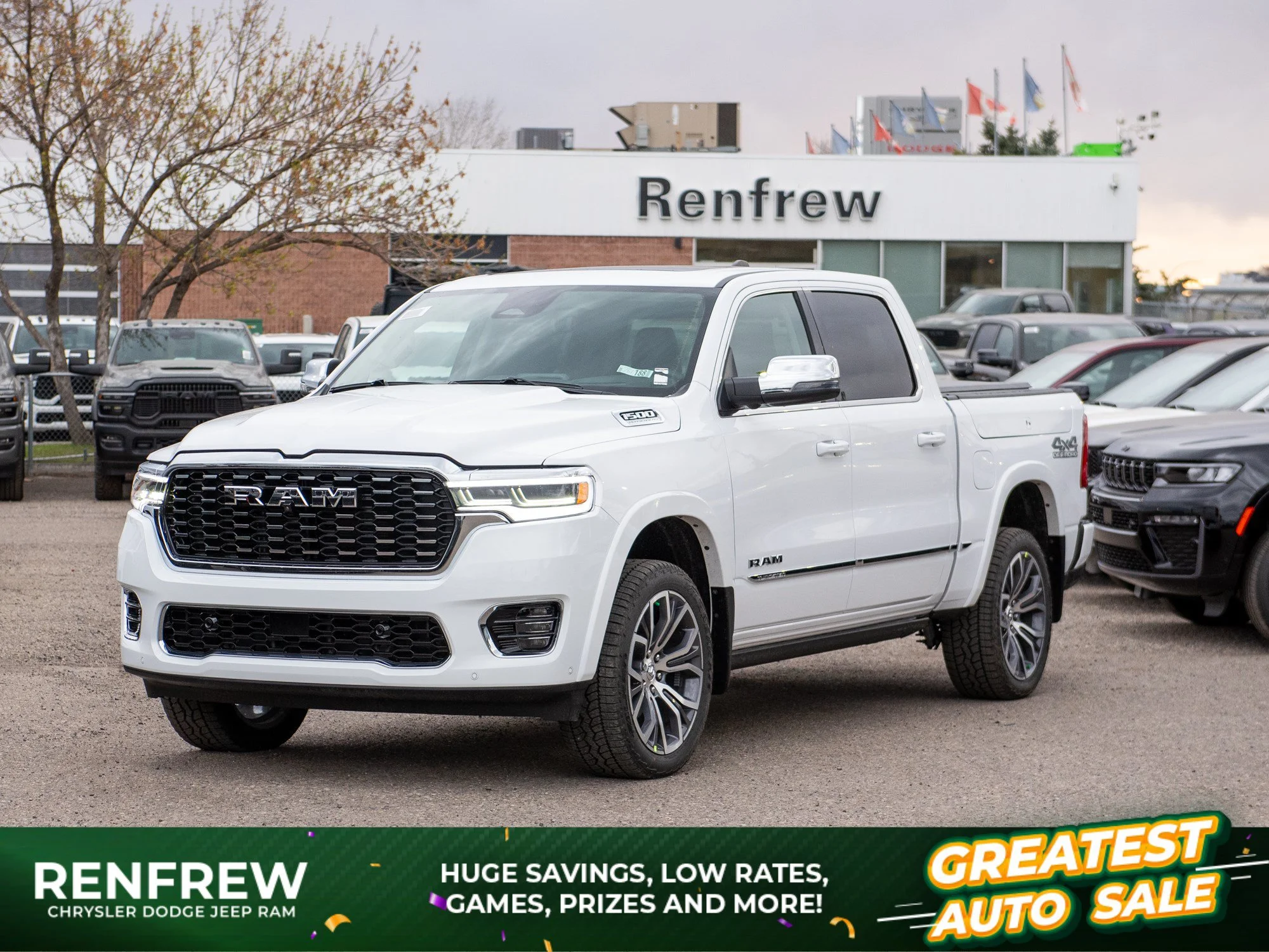 New 2026 White RAM Tungsten* Crew Cab 4x4, 540HP, RamBox, Massage Seats, Klipsch Audio image 1