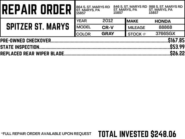 Used 2012 Honda CR-V EX with VIN 5J6RM4H56CL061790 for sale in Saint Marys, PA