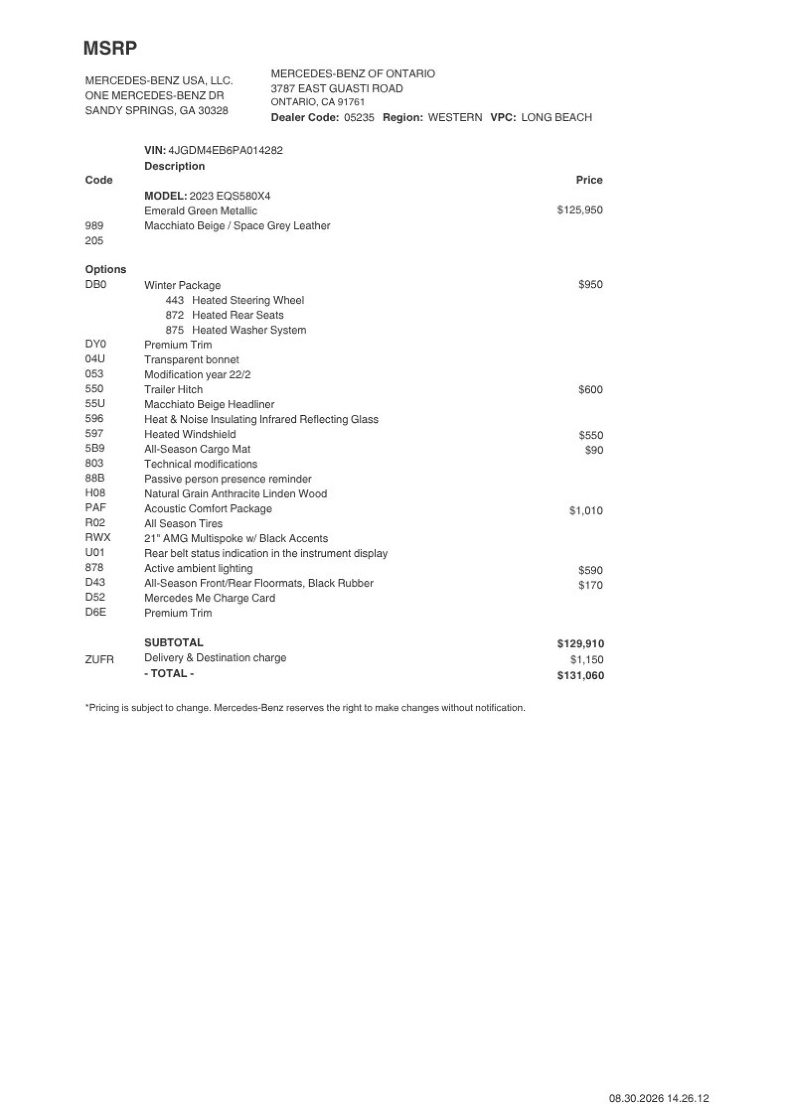 Certified 2023 Mercedes-Benz EQS SUV Base with VIN 4JGDM4EB6PA014282 for sale in Ontario, CA