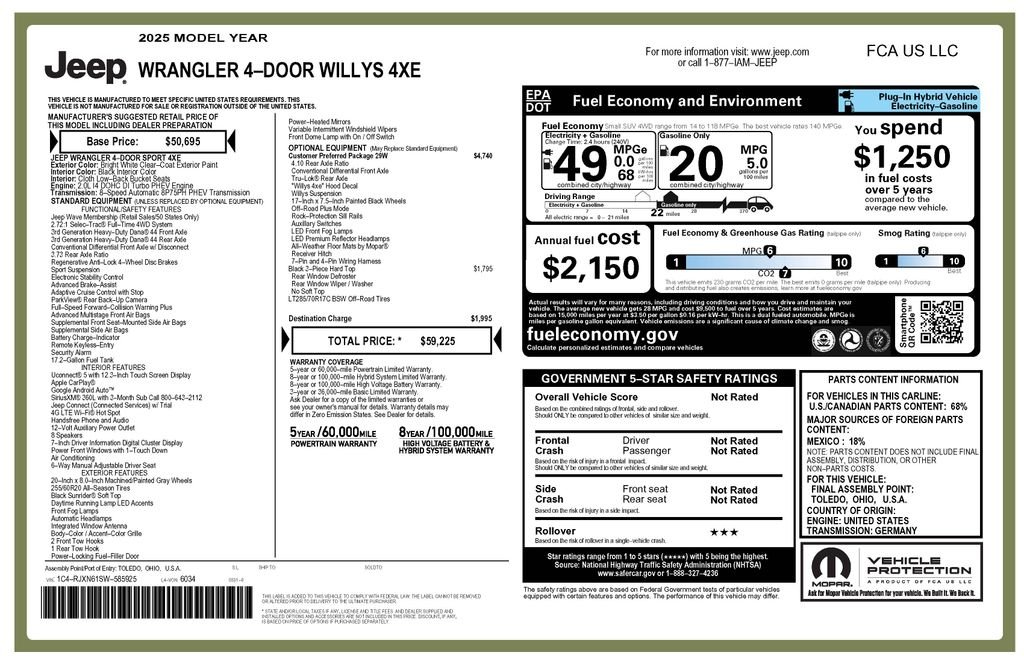 Certified 2025 Jeep Wrangler 4xe Willys 4XE with VIN 1C4RJXN61SW585925 for sale in Phoenix, AZ