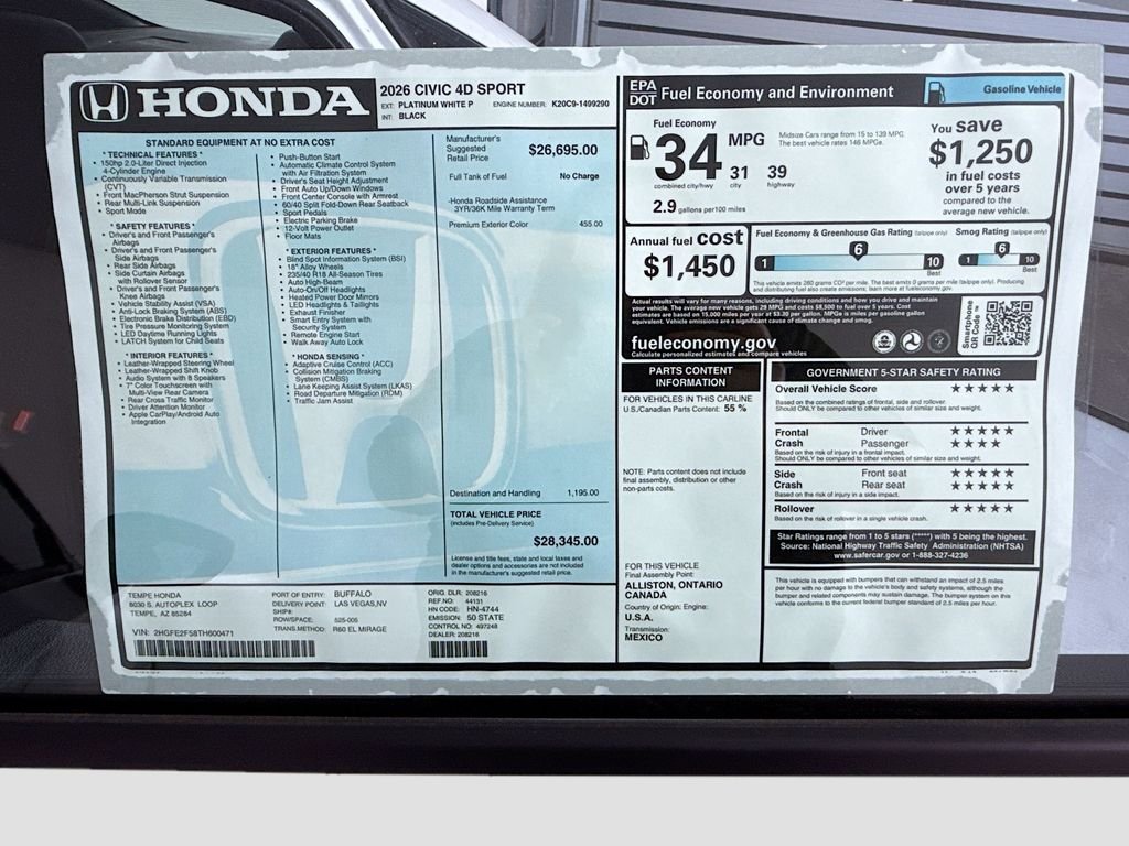 New 2026 Platinum White Pearl Honda Sport image 9