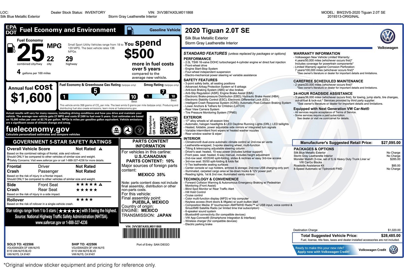 Used 2020 Volkswagen Tiguan SE with VIN 3VV3B7AX0LM011868 for sale in Newport Beach, CA