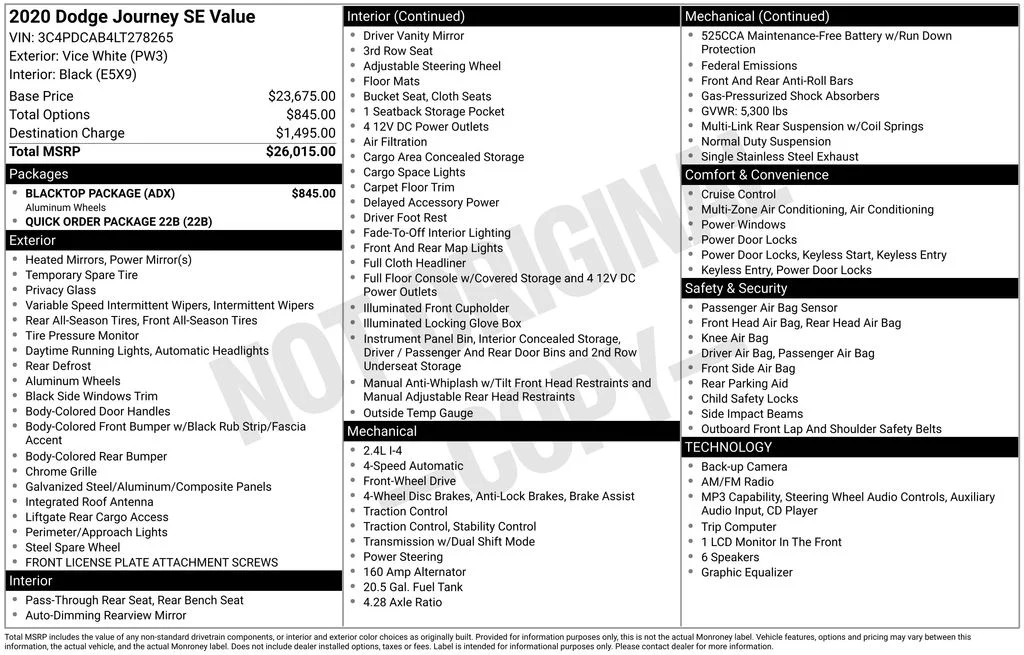 Used 2020 Dodge Journey SE with VIN 3C4PDCAB4LT278265 for sale in Orfordville, WI