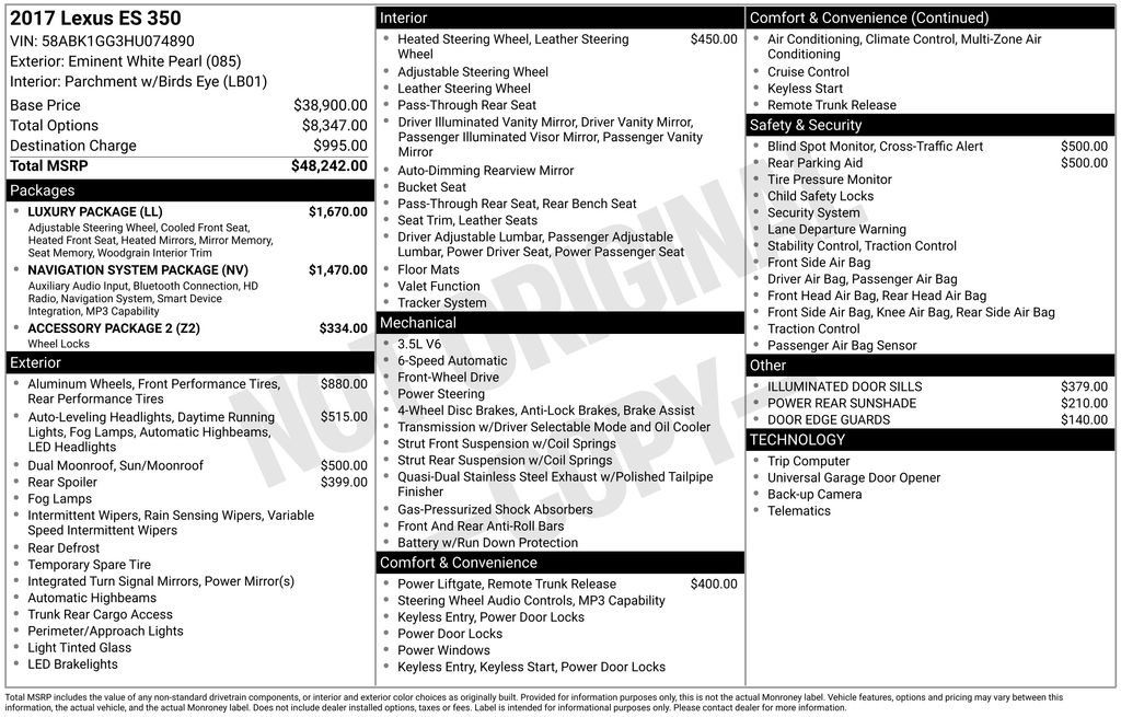 Certified Used 2017 Eminent White Pearl Lexus 350 image 4