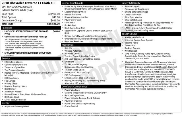 Used 2018 SUMMIT WHITE Chevrolet LT Cloth image 1