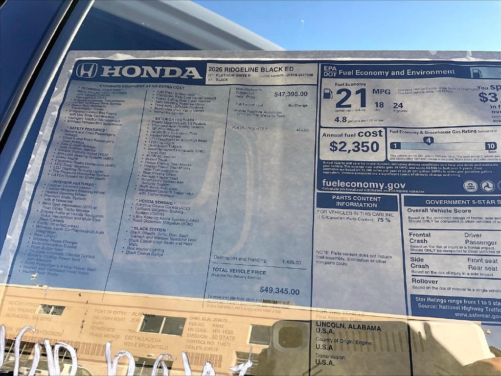 New 2026 Platinum White Pearl Honda Black Edition image 16
