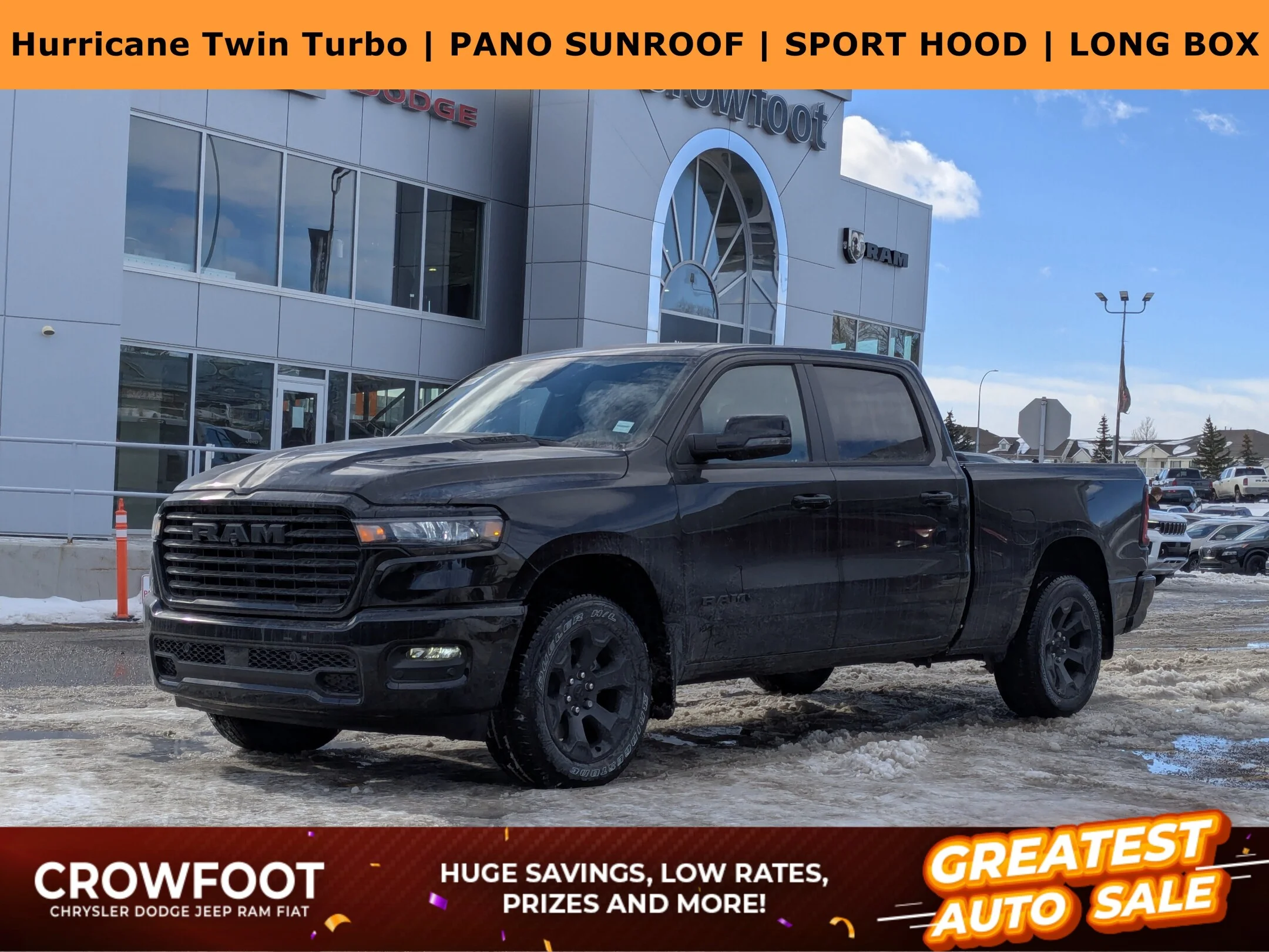 New 2026 Black RAM Sport - - 64 Box - Pano Sunroof - Sport Perf Hood - Anti-Spin Rear Axle - Trailer Brake Control image 1