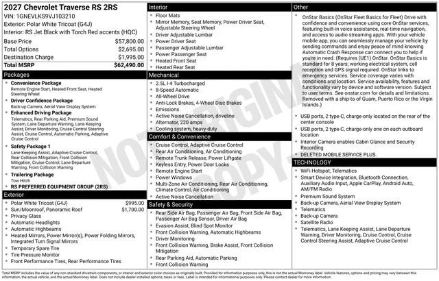 New 2027 Polar White Tricoat Chevrolet RS image 2