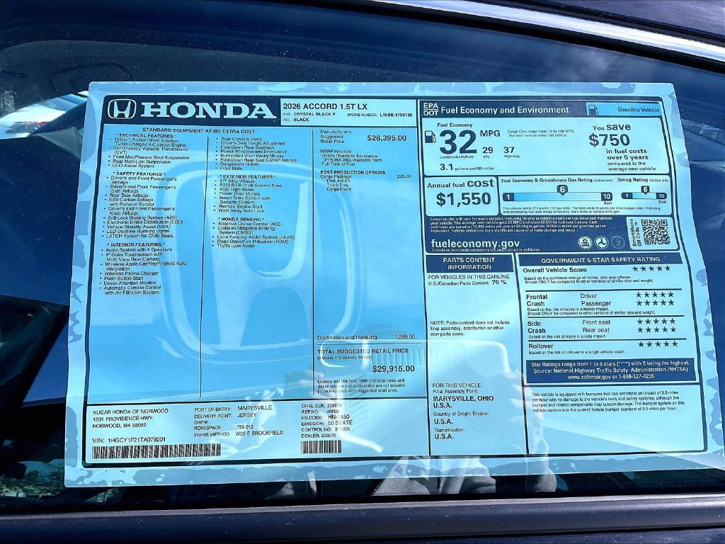 New 2026 Crystal Black Pearl Honda LX image 16