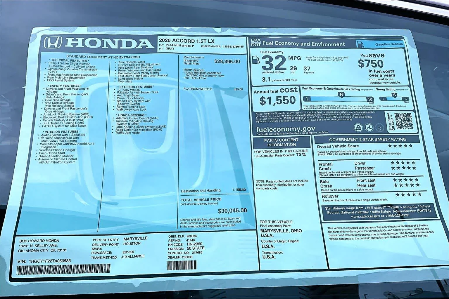 New 2026 Platinum White Pearl Honda LX image 21