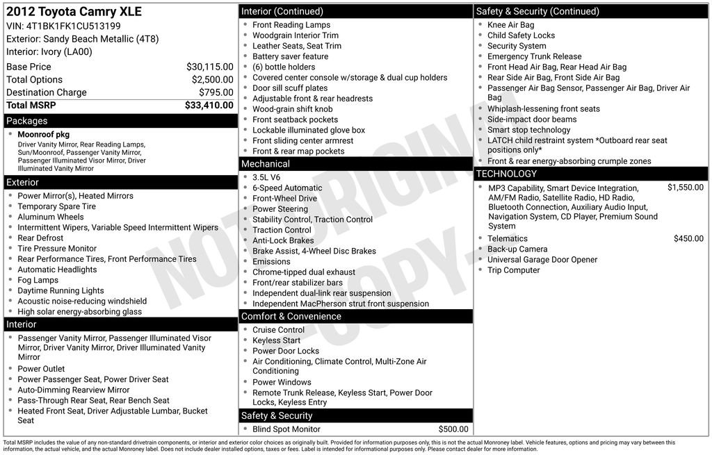 Used 2012 Gold Toyota XLE image 2