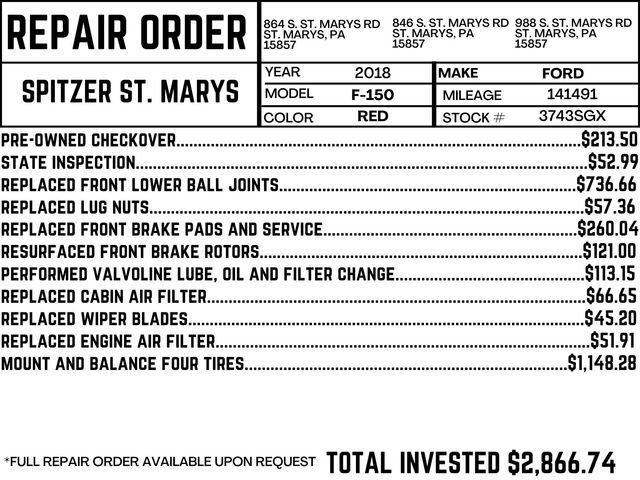 Used 2018 Ford F-150 XLT with VIN 1FTFX1E50JKC48321 for sale in Saint Marys, PA