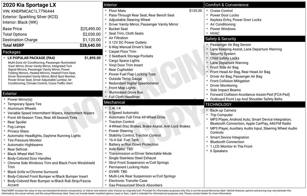 Certified Used 2020 Sparkling Silver Kia LX image 1