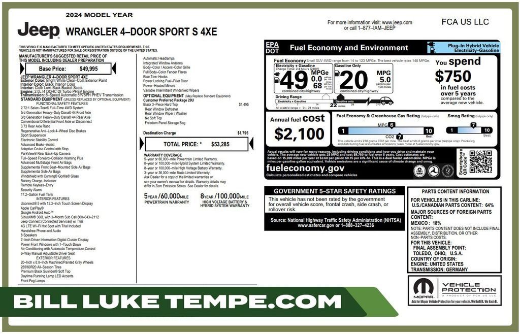 Used 2024 Bright White Clearcoat Jeep Sport S 4xe image 1