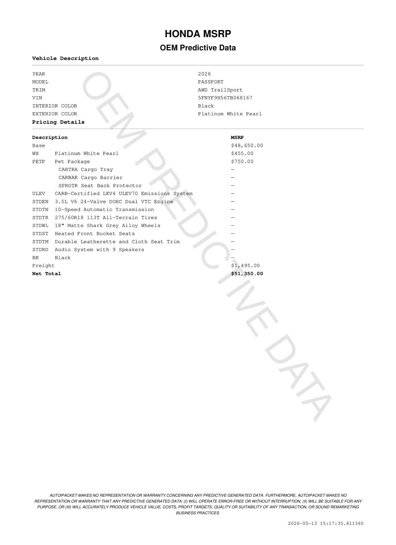 New 2026 Platinum White Pearl Honda TrailSport image 11