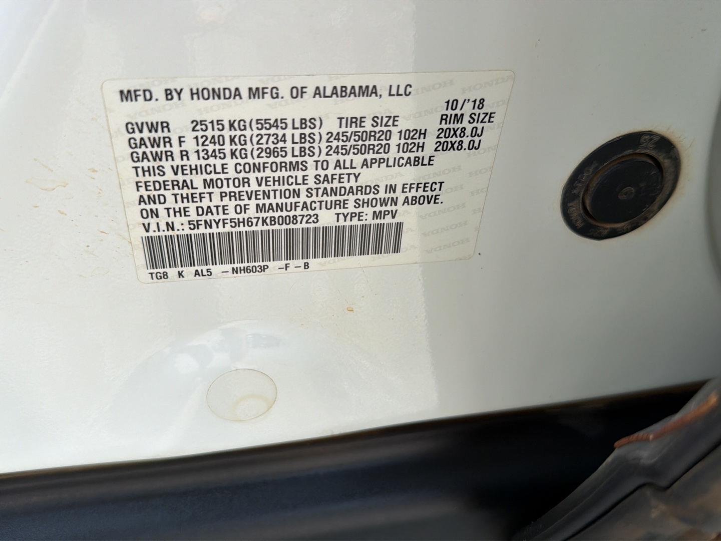 Used 2019 White Diamond Pearl Honda Touring w/Rear Captain