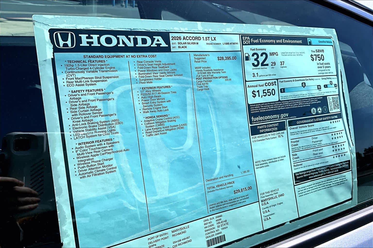 New 2026 Solar Silver Metallic Honda LX image 22