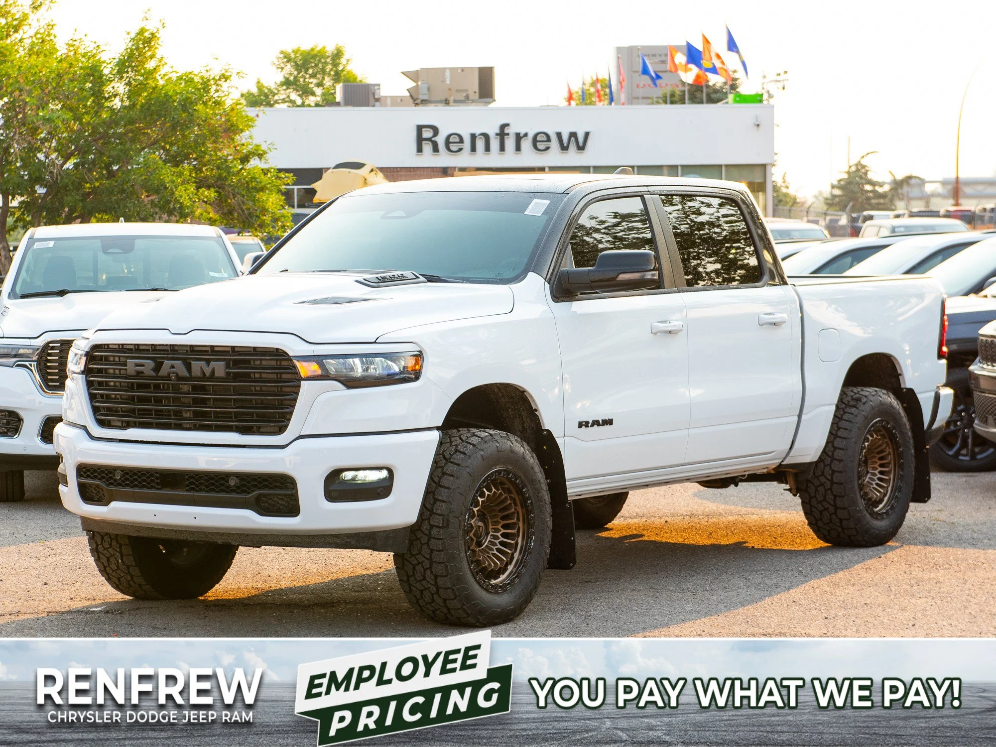 New 2026 White RAM Sport* 4x4 Crew Cab, 3.5 Inch Lift, 35 Inch Tires, Fuel Wheels image 1