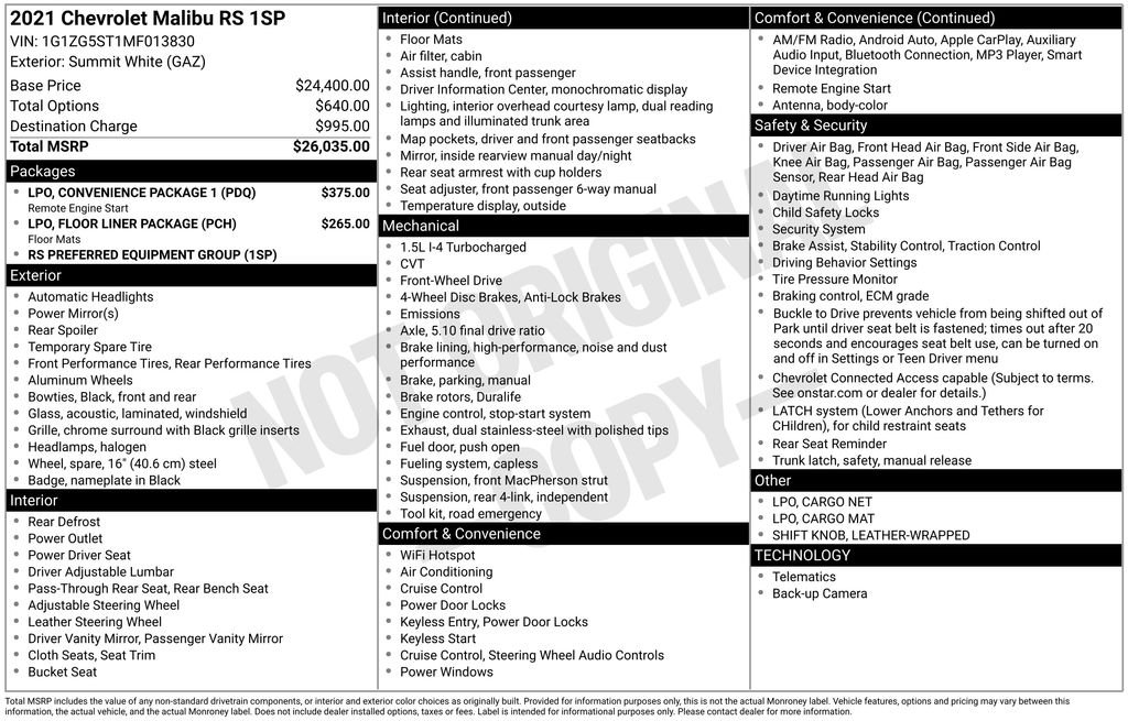 Used 2021 Chevrolet Malibu RS with VIN 1G1ZG5ST1MF013830 for sale in Huron, SD