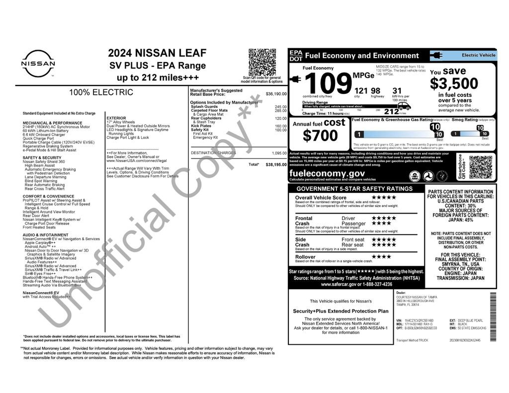 Used 2024 Nissan LEAF SV PLUS with VIN 1N4CZ1CV2RC551483 for sale in Tarpon Springs, FL