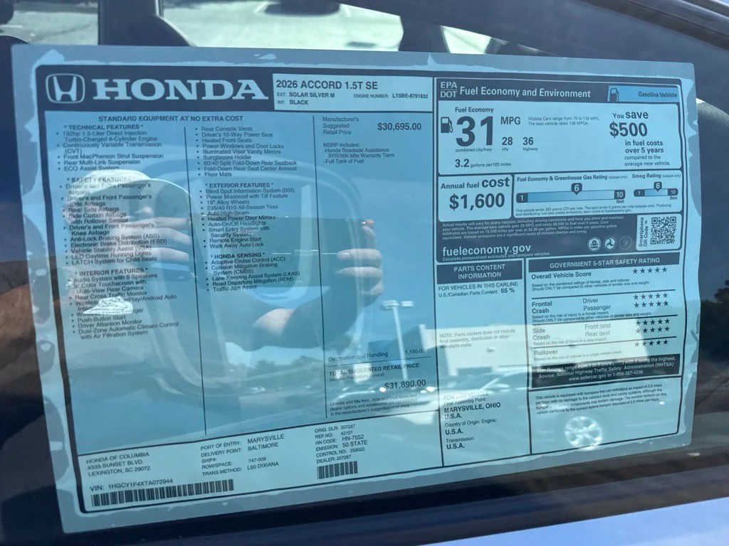 New 2026 Solar Silver Metallic Honda SE image 11