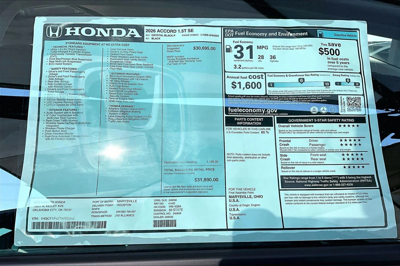 New 2026 Crystal Black Pearl Honda SE image 18