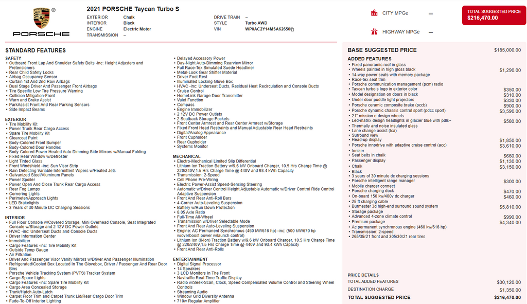 Used 2021 Porsche Taycan Turbo S with VIN WP0AC2Y14MSA62650 for sale in Yorba Linda, CA