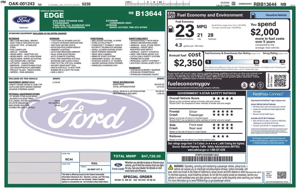 Used 2024 Ford Edge Titanium with VIN 2FMPK4K90RBB13644 for sale in Lake City, Minnesota