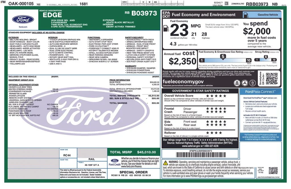 Used 2024 Agate Black Metallic Ford SEL image 2