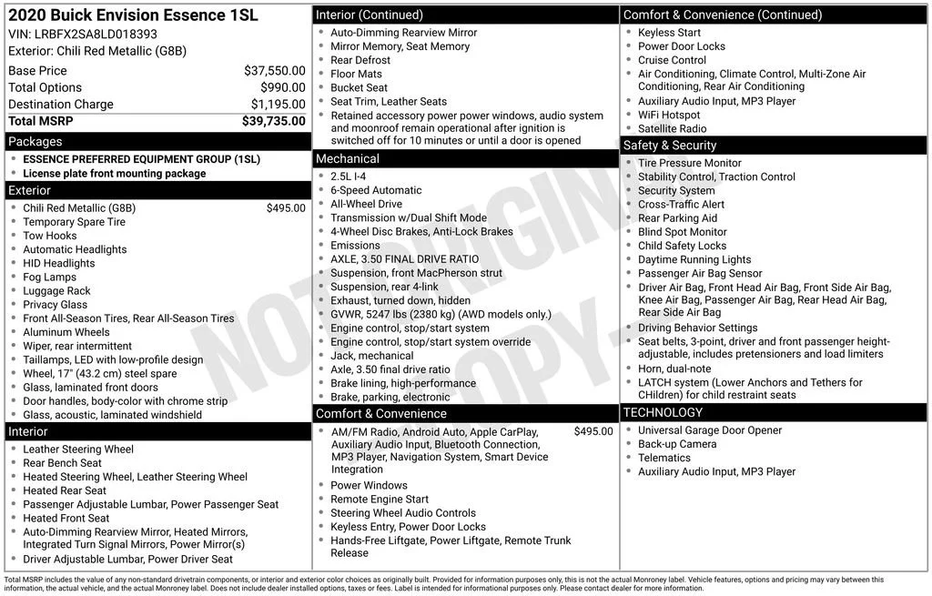 Certified 2020 Buick Envision Essence with VIN LRBFX2SA8LD018393 for sale in Orfordville, WI