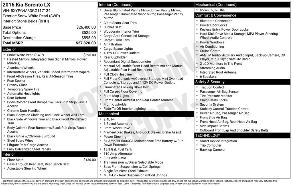 Used 2016 Kia Sorento LX with VIN 5XYPG4A33GG117134 for sale in Shelton, WA