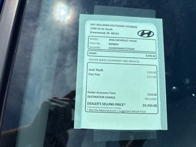 Used 2016 Chevrolet Cruze LT with VIN 1G1BE5SM9G7275660 for sale in Greenwood, IN