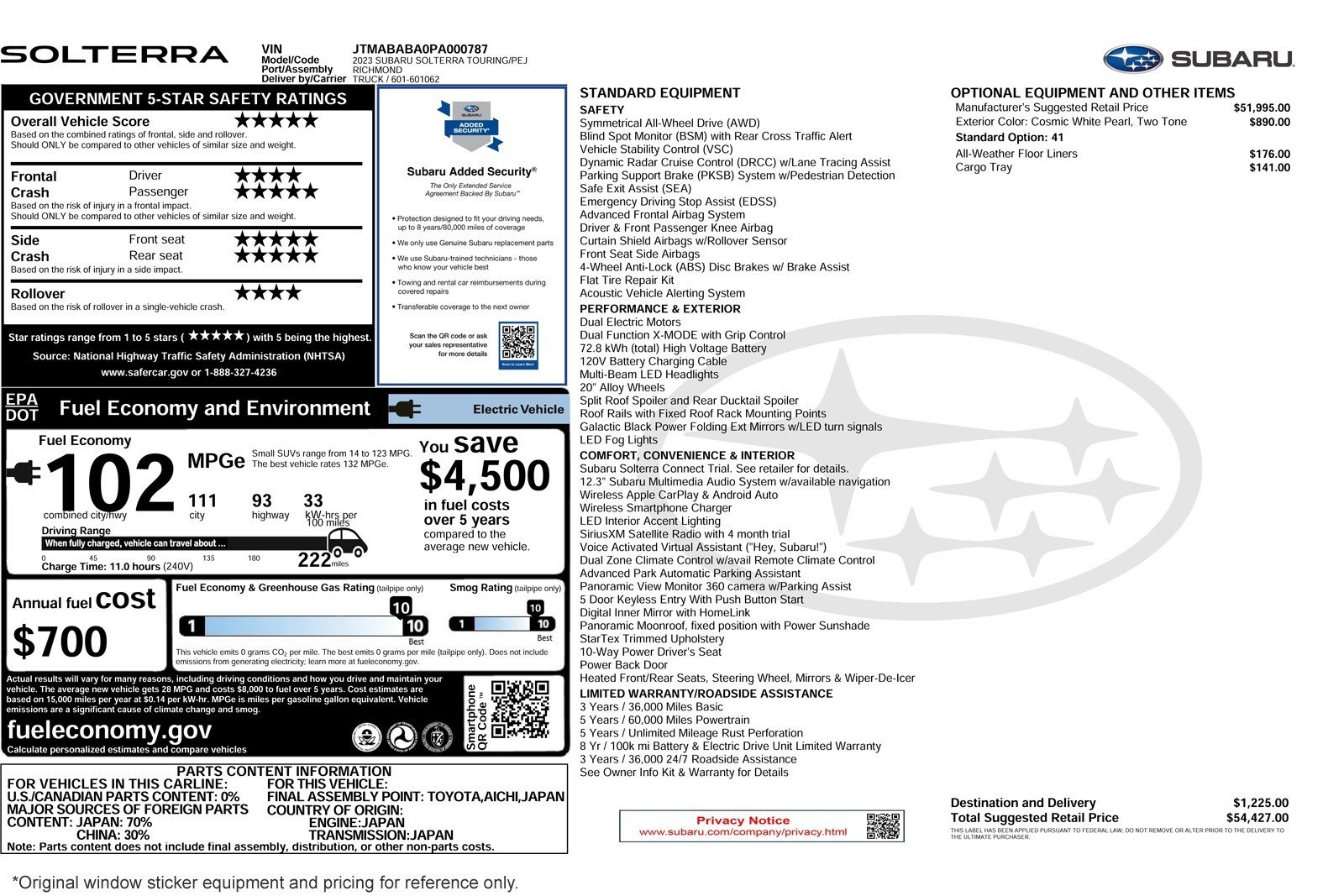 Used 2023 Subaru SOLTERRA Touring with VIN JTMABABA0PA000787 for sale in Costa Mesa, CA