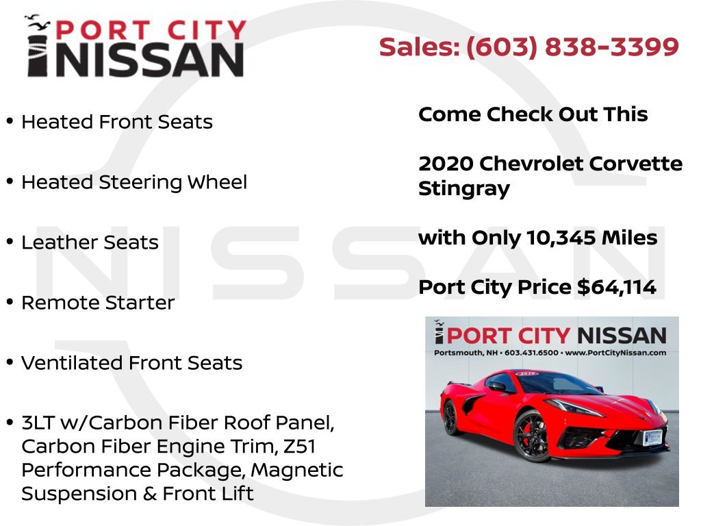 Used 2020 Torch Red Chevrolet Stingray 3lt w/z51, front end lift, carbon fiber roof & more! image 39