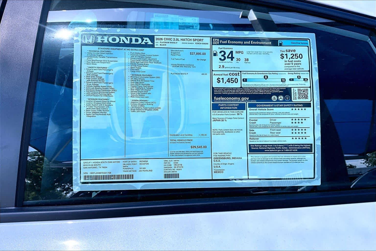 New 2026 Platinum White Pearl Honda FWD Sport image 18