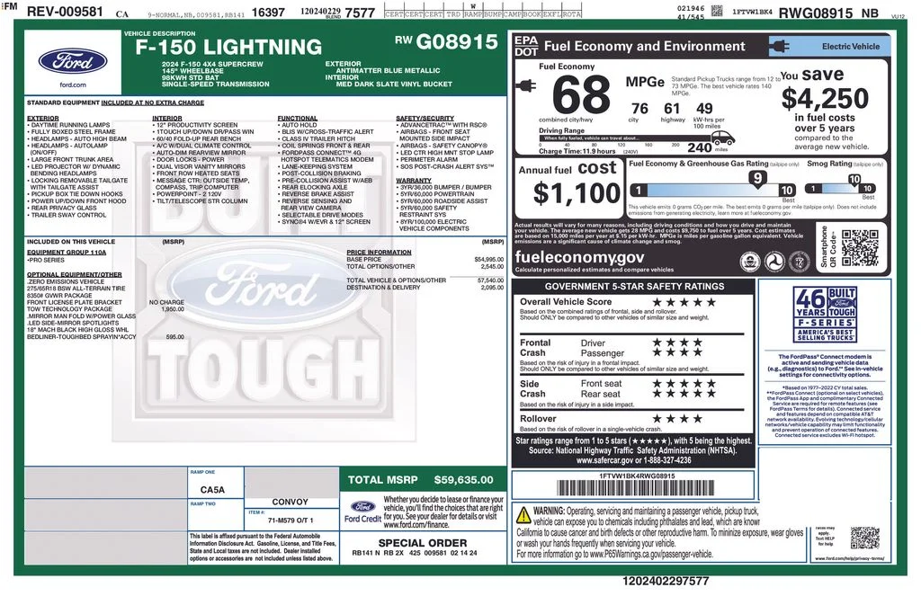 Used 2024 Ford F-150 Lightning Pro with VIN 1FTVW1BK4RWG08915 for sale in Carlsbad, CA