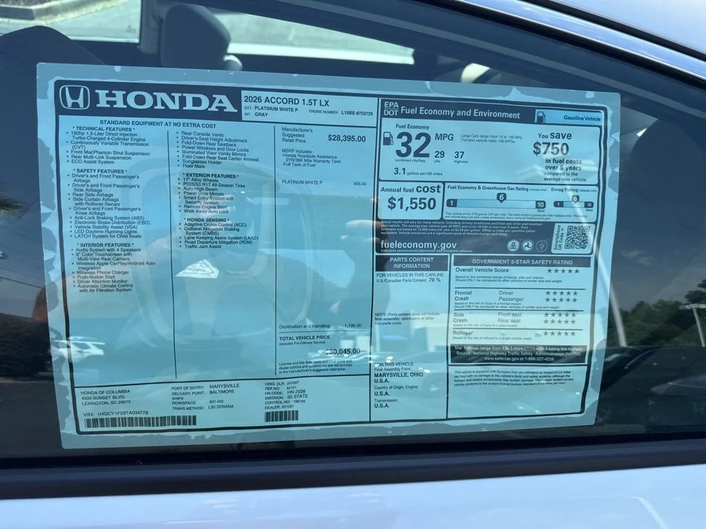 New 2026 Platinum White Pearl Honda LX image 11