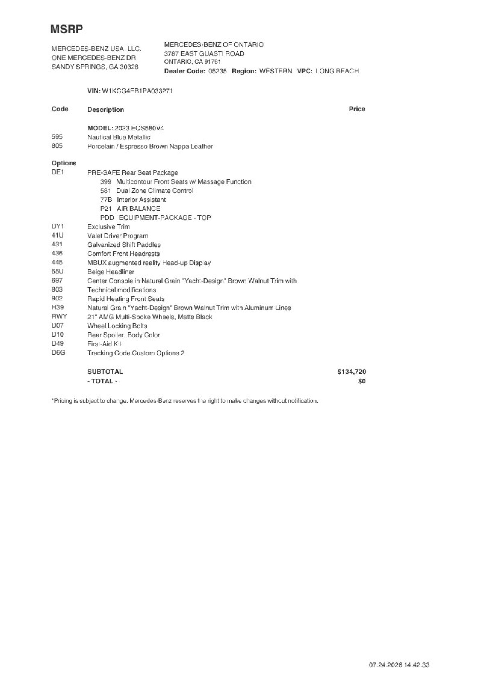 Certified 2023 Mercedes-Benz EQS Base with VIN W1KCG4EB1PA033271 for sale in Beverly Hills, CA