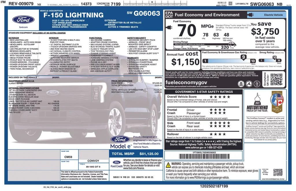 Certified 2025 Ford F-150 Lightning Lariat with VIN 1FT6W5L78SWG06063 for sale in New Smyrna Beach, FL